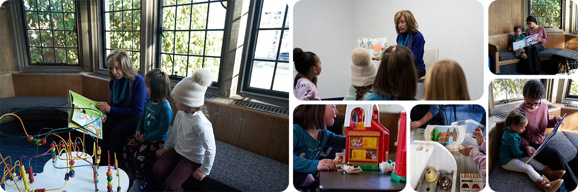 Kids header showing six different photos of the children's area: first image shows librarian reading to two children, middle top shows same librarian reading to a group of children, top right image shows a mom reading to her child, bottom second image shows girl playing with toys, third bottom shows child showing their craft project, and last image shows mother reading to her child