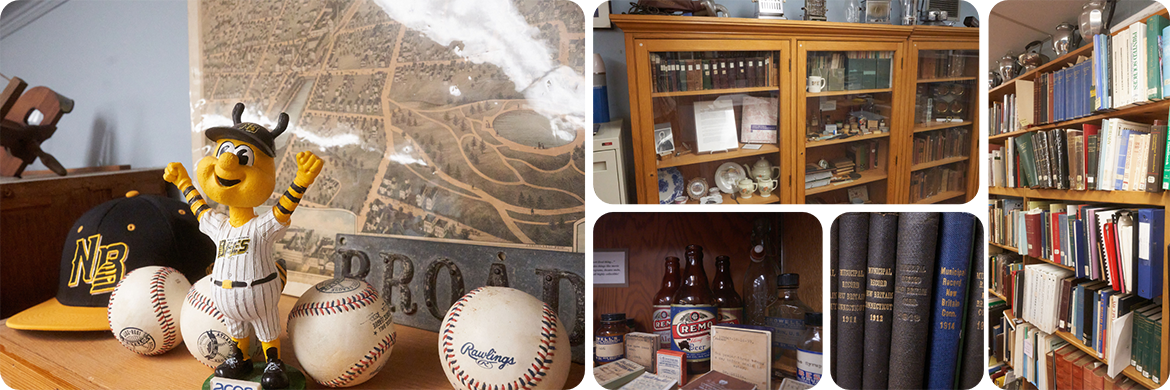 Local History Room collage header showing five different photos of the local history room, displays and materials