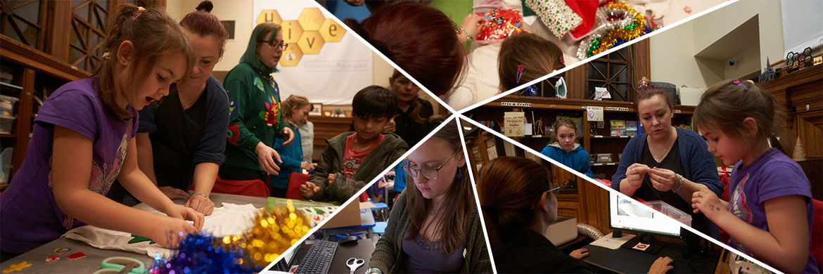 Makerspace header collage showing people of all ages using materials in the Makerspace