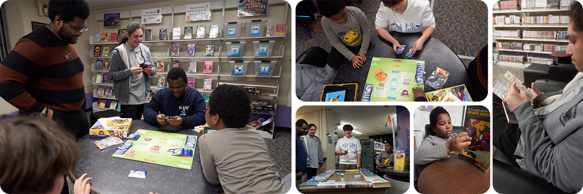 Teen area photo collage showing teens playing board games and reading in the teen area of the library