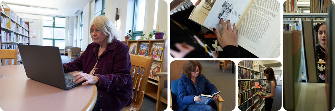 Adults page collage header showing various adults in the library using computers, picking books, and reading in the reading chairs