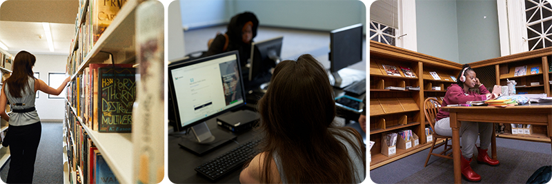 Adult Services Department collage showing a woman browsing the stacks, woman using a desktop computer, and a woman studying at a table