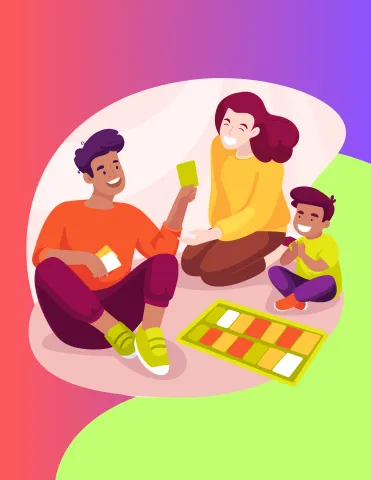 Graphic image of a cartoon family playing a board game on the floor