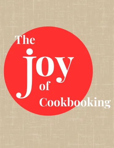 A retro book cover with the text "The Joy of Cookbooking"