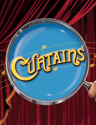 A picture of a magnifying glass with the word "Curtains" written on it, all in front of a velvet curtain