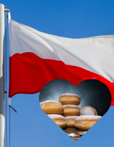 Polish flag next to a pile of Polish donuts