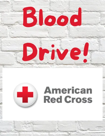 A picture of the logo of the American Red Cross with the words Blood Drive on top