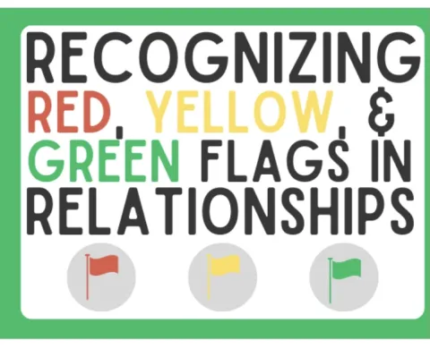 An image with text that reads "recognizing red, yellow, and green flags in relationships" about a red flag, a yellow flag, and a green flag