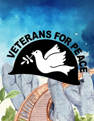 helmet with dove logo of veterans for peace in front of a blue sky and stone hands