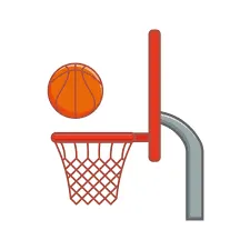 Cartoon image showing red and grey basketball hoop from the side with a basketball right above, about to go in the net.