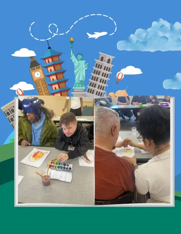 Picture of adults painting together in front of a skyline