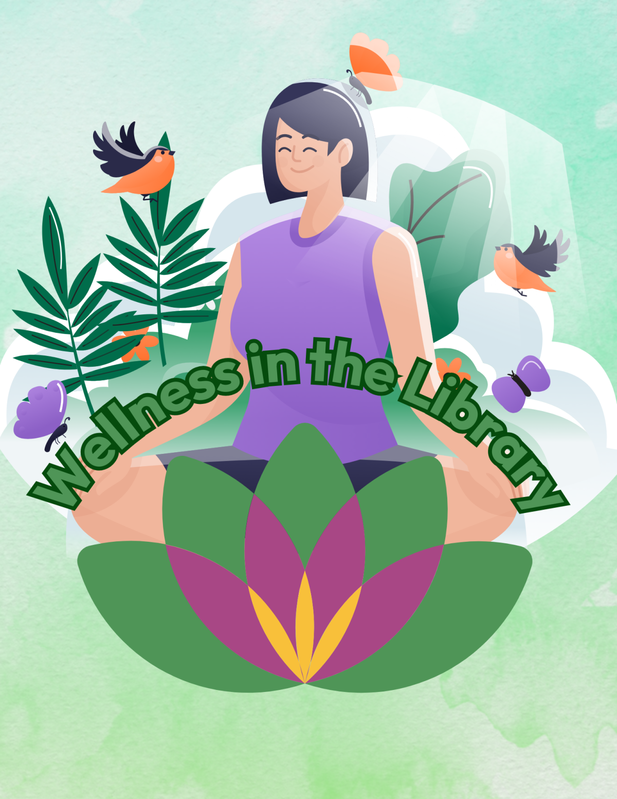 Women seated in a meditative pose surrounded by animals and plants