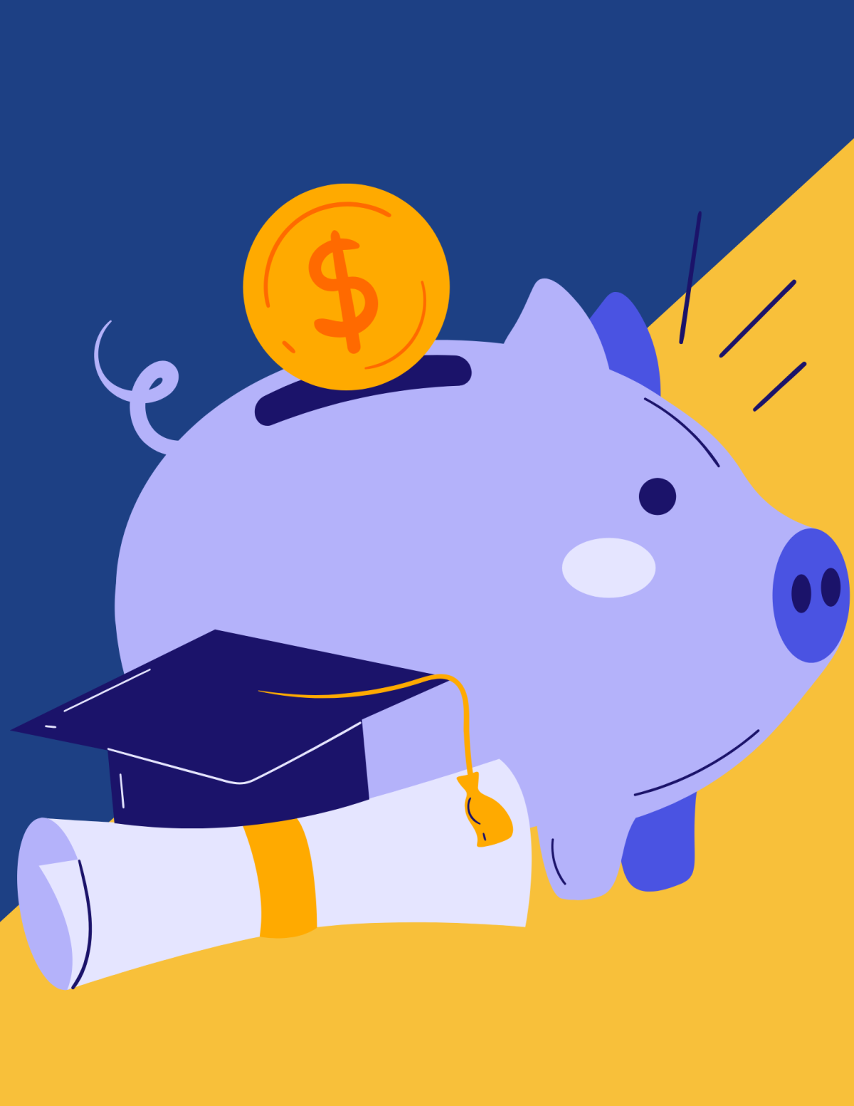 graphic of a piggy bank on a yellow and blue background