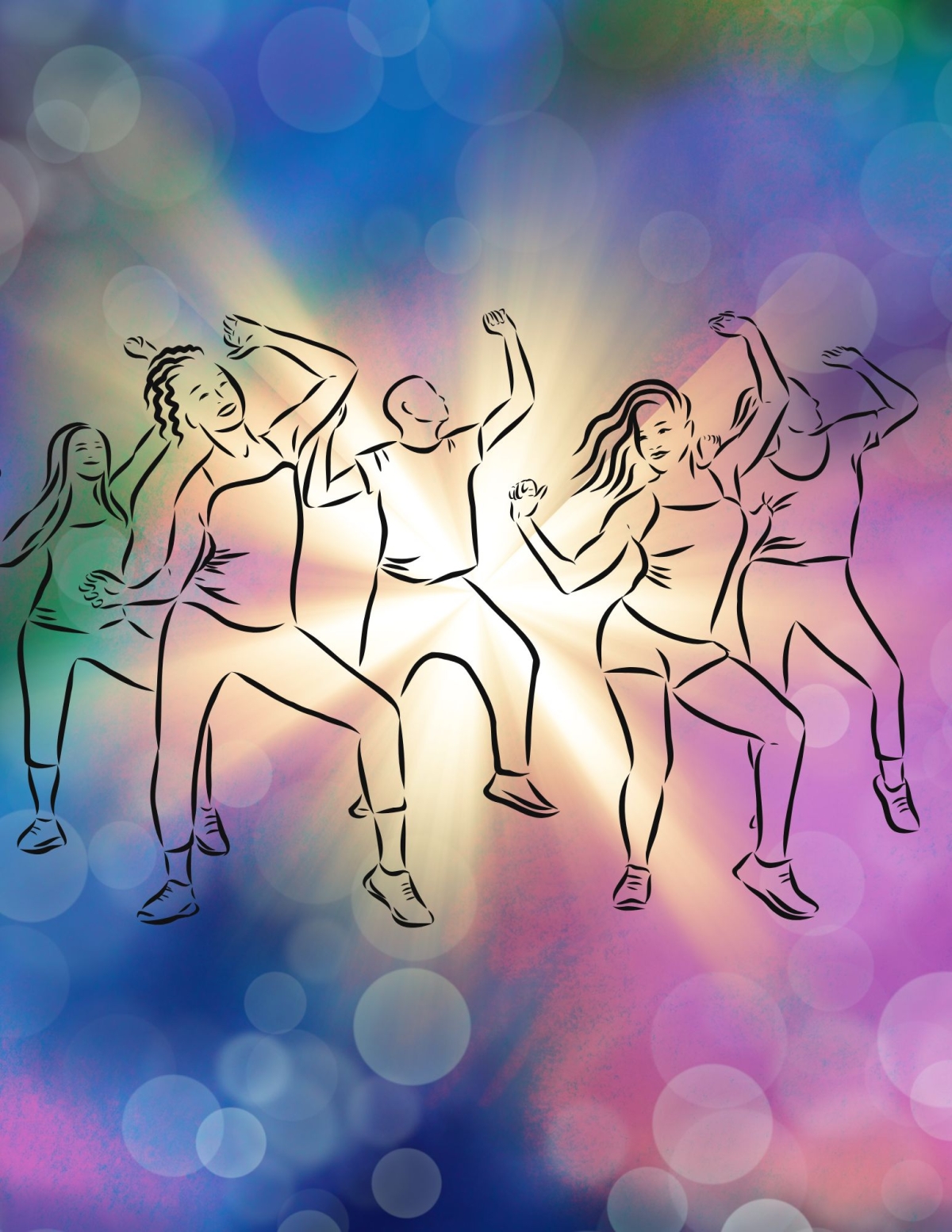 An outline of a group of adults dancing in front of a bright colorful background