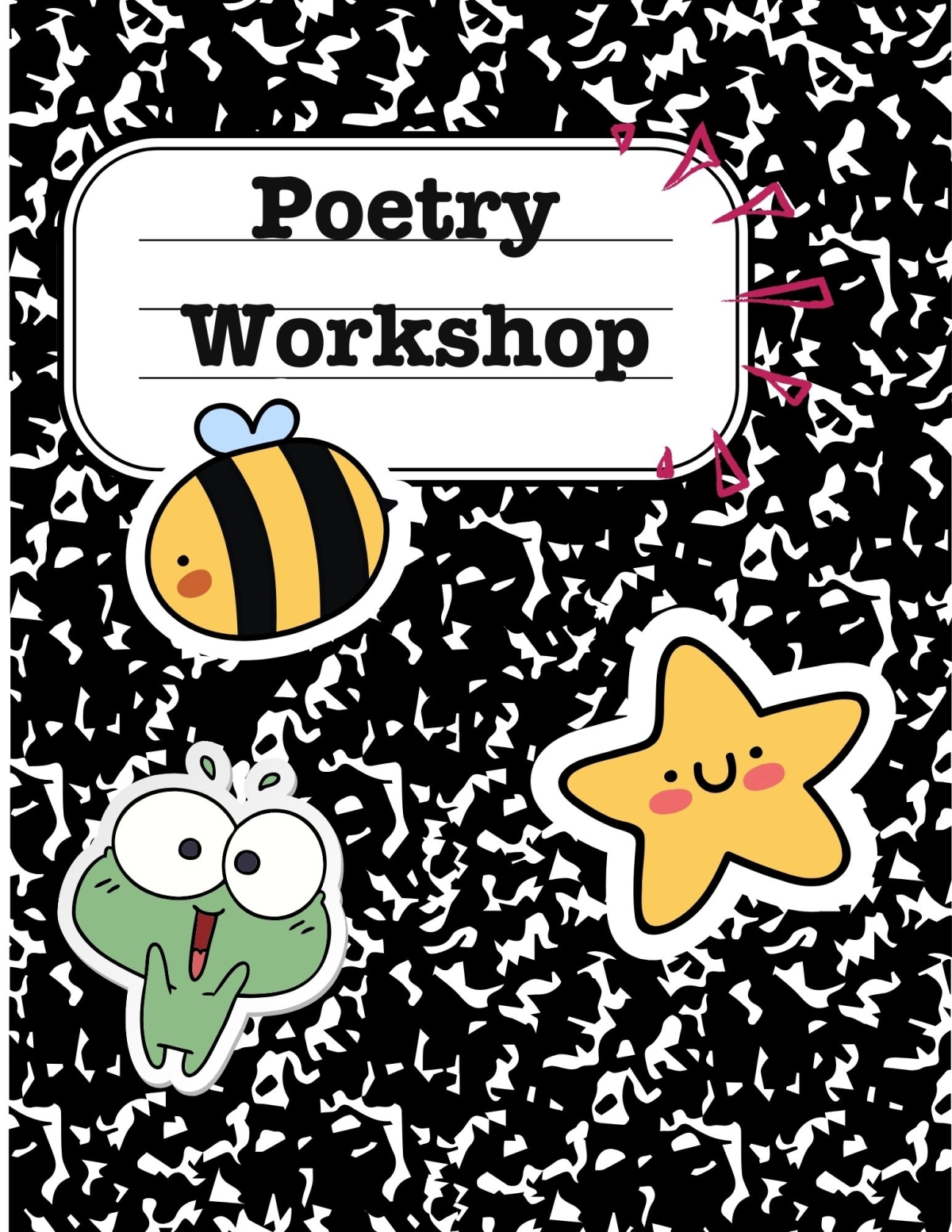 The words "poetry workshop" on the cover of a notebook covered with cute stickers